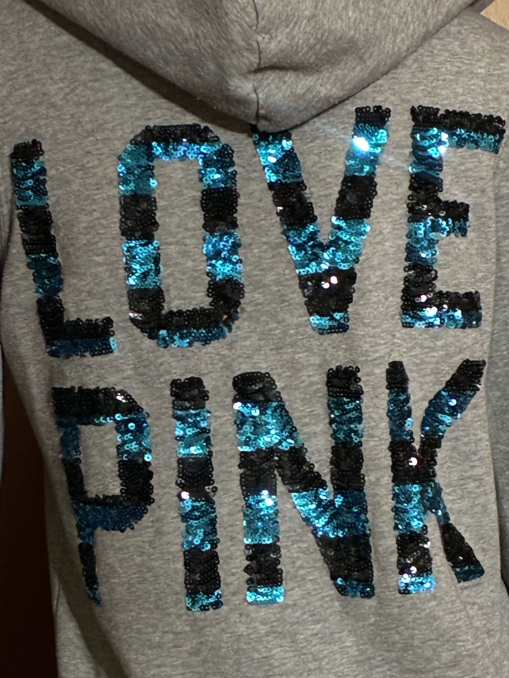 Victoria’s Secret PINK Grey w/ Blue & Black Sequins Zip Up Hoodie - Picture 3 of 4